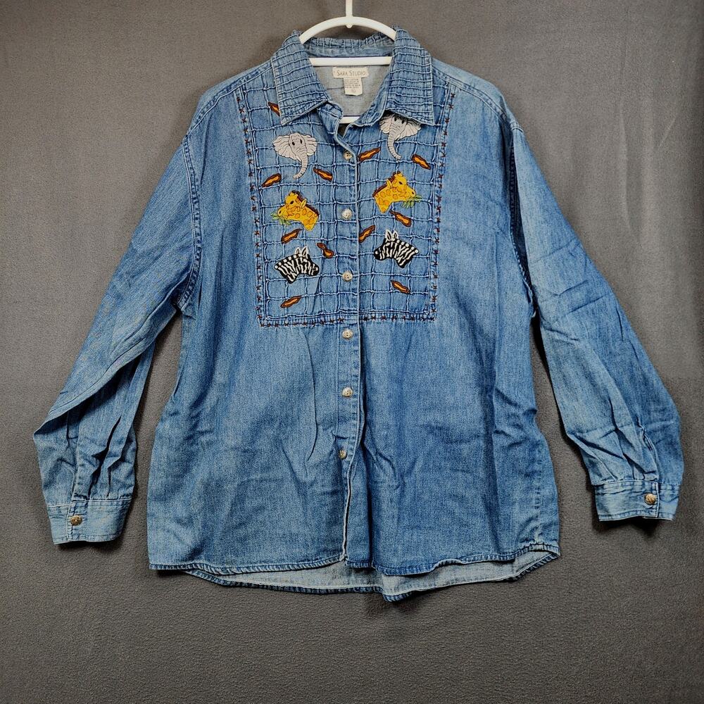 Vintage Womens Denim Top XL Safari Zoo Animals Sara Studio Long Sleeve Button Up